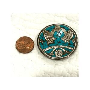 Vintage Brooch Pin Pendant Sterling Silver Turquoise Hispanic Inspired Cultural